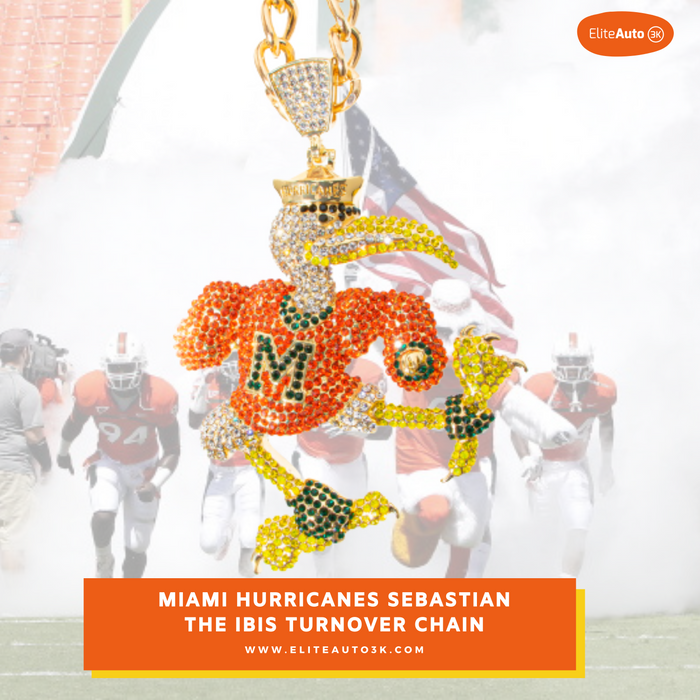 A gold-tone chain necklace with a highly detailed Miami Hurricanes football player charm, heavily embellished with orange, yellow, green, and white rhinestones. The background is a faded, smoky sports stadium scene with football players, and text overlays identify the item as a Sebastian 'The Ibis' Turnover Chain by Elite Auto.