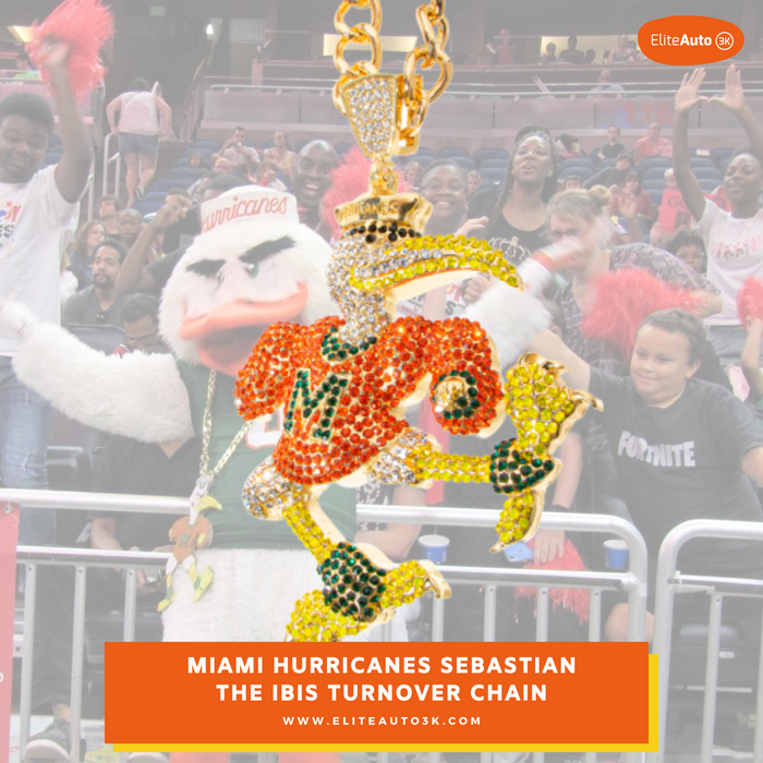 A close-up of a Miami Hurricanes themed turnover chain necklace featuring a Sebastian the Ibis mascot pendant. The pendant is heavily embellished with rhinestones in orange, yellow, green, and white, with a gold chain.