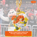 A close-up of a Miami Hurricanes themed turnover chain necklace featuring a Sebastian the Ibis mascot pendant. The pendant is heavily embellished with rhinestones in orange, yellow, green, and white, with a gold chain.