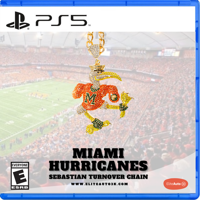 PS5 game case cover art featuring a Miami Hurricanes basketball-themed chain accessory with an orange jersey, gold chain, and stadium background. Visible text includes PS5 branding, Miami Hurricanes, Sebastian Turnover Chain, EliteAuto.
