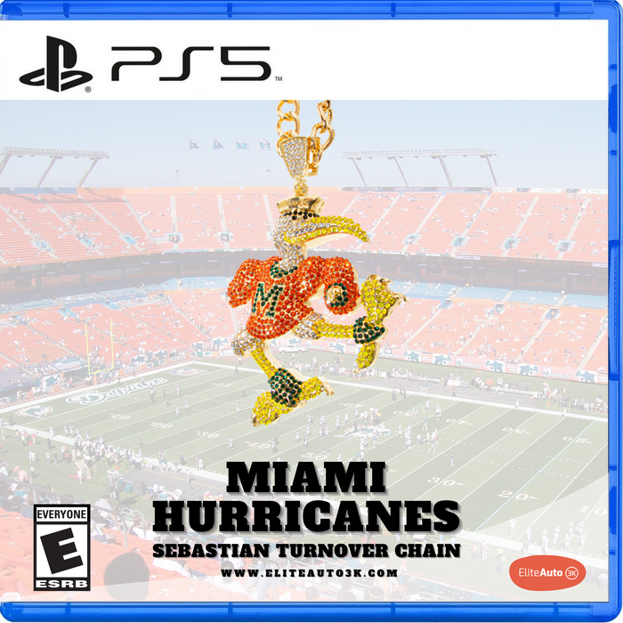 PS5 game case cover art for 'Miami Hurricanes Sebastian Turnover Chain' by EliteAuto3K, featuring a detailed gold and orange rhinestone chain trophy pendant over a blurred football stadium background.