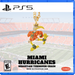 PS5 game case cover art for 'Miami Hurricanes Sebastian Turnover Chain' by EliteAuto3K, featuring a detailed gold and orange rhinestone chain trophy pendant over a blurred football stadium background.