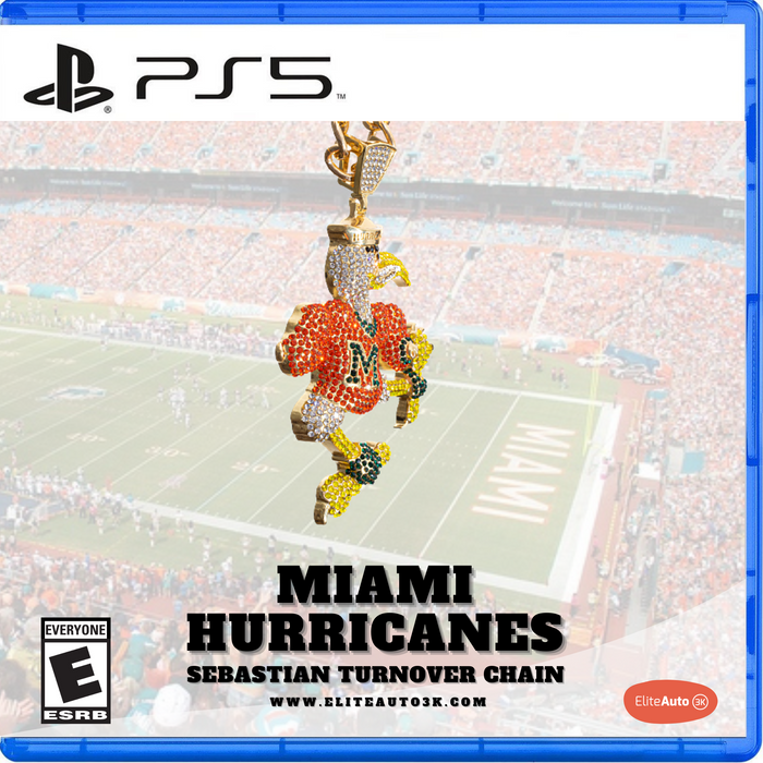 PS5 game cover art for 'Miami Hurricanes Sebastian Turnover Chain' by EliteAuto3K, featuring a detailed rhinestone football player charm in orange, green, and gold over a blurred Miami stadium background.