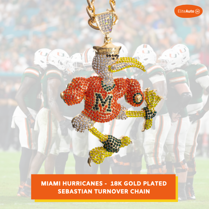 A Miami Hurricanes football-themed pendant necklace featuring a gold-plated Sebastian turn-over design covered in rhinestones, with an orange jersey, green lettering, and yellow accents. The background shows a blurred Miami Hurricanes football team scene, with an EliteAuto logo in the top right and a text banner at the bottom.