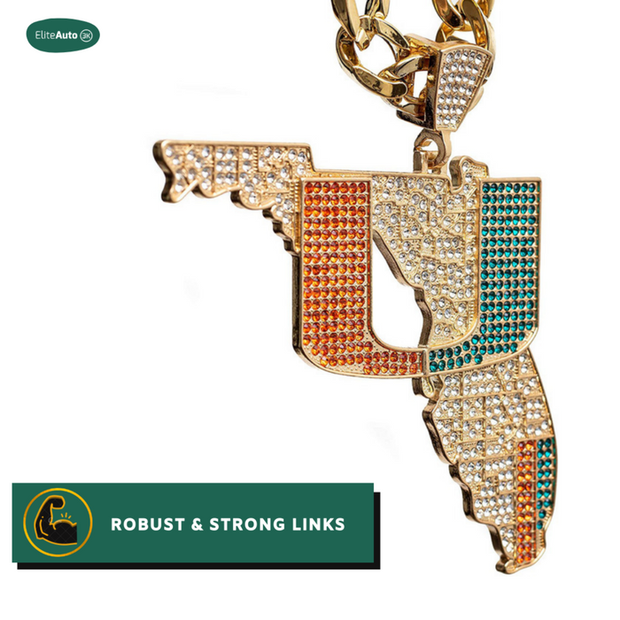 Florida state-shaped pendant necklace paved with clear rhinestones in gold-tone metal, featuring vertical orange, white, and teal sections. Shown on a white background with a gold chain link and promotional badges.