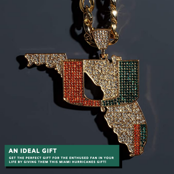 A gold-tone pendant necklace shaped like the state of Florida, covered in rhinestones and colored with red, green, and gold sections resembling the Miami Hurricanes flag. The pendant hangs from a gold chain against a dark gray background, with a teal promotional text banner at the bottom left.