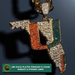 Gold-plated pendant and chain featuring the state of Florida outlined in gold and covered with rhinestones, with orange and teal inlay sections. A green text banner at the bottom reads '18K GOLD-PLATED PENDANT & CHAIN ROBUST & STRONG LINKS'.
