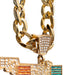 Gold-toned chunky chain necklace with a shield-shaped rhinestone-encrusted clasp and a matching rectangular pendant featuring orange, clear, and teal rhinestone sections, shown on a white background.