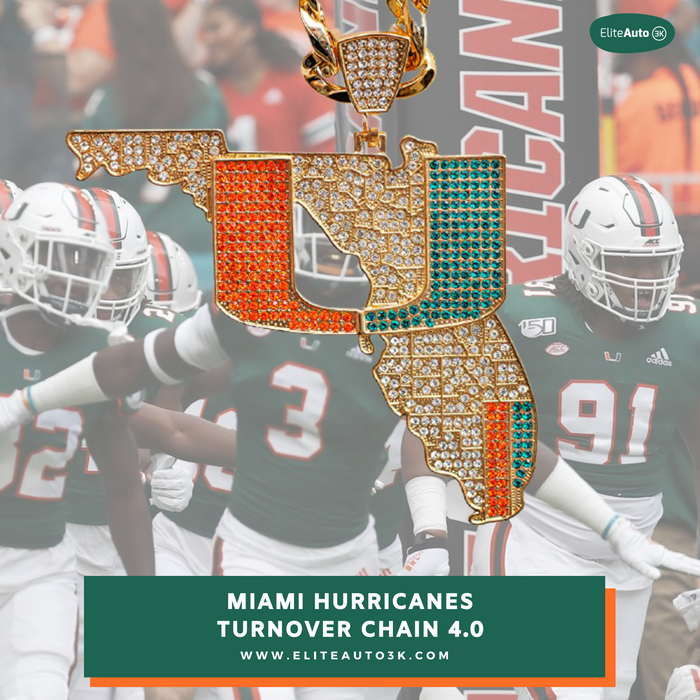 A gold-tone pendant shaped like the state of Florida, covered in rhinestones and colored with orange and teal sections, shown over a blurred Miami Hurricanes football team background. Text at the bottom reads 'MIAMI HURRICANES TURNOVER CHAIN 4.