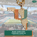 A gold-tone chain necklace with a Florida-shaped pendant covered in rhinestones, featuring orange, teal, and gold sections. The pendant is shown in front of a blurred Miami Hurricanes football stadium background, with a green text banner at the bottom reading 'MIAMI HURRICANES TURNOVER CHAIN 4.