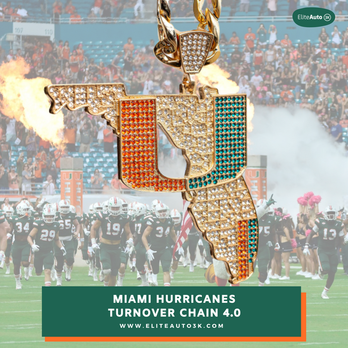 A gold-tone chain necklace with a Florida-shaped pendant covered in rhinestones, featuring orange, teal, and gold sections. The background is a blurred football stadium scene with players and smoke, and text at the bottom reads 'MIAMI HURRICANES TURNOVER CHAIN 4.