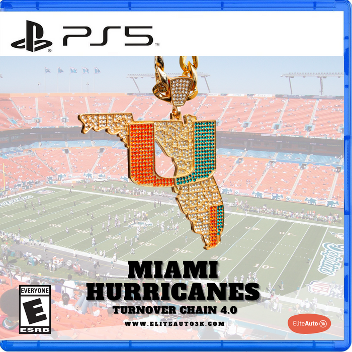 PS5 game cover art for Miami Hurricanes Turnover Chain 4.0, featuring a gold chain pendant with a Florida-shaped design and 'U' lettering in orange, green, and gold rhinestones, over a blurred stadium background.