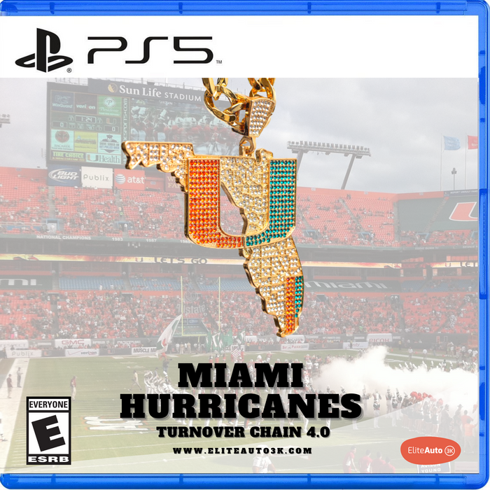 PS5 game cover art for 'Miami Hurricanes Turnover Chain 4.0' by Elite Auto3K, featuring a gold-toned Florida-shaped pendant encrusted with orange, teal, and white stones over a blurred football stadium scene.