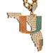 Gold-tone Florida state pendant necklace covered in rhinestones, featuring orange, white, and teal color blocking, shown on a white background.