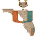 A gold-tone pendant shaped like the state of Florida, covered with clear rhinestones and accented with orange and teal stones, shown on a white background with a gold chain.