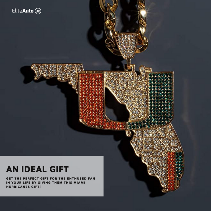 Gold-tone pendant necklace shaped like the state of Florida, heavily embellished with rhinestones and featuring vertical red, gold, and green stripe sections. The necklace hangs from a matching gold chain against a dark gray background with promotional text in the lower left.