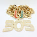 A gold-toned chunky chain necklace with a large '305' pendant and a 'UJ' initial pendant embellished with red and green rhinestones, set against a plain white background.