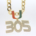 Gold-tone chain necklace with a large '305' pendant paved with clear rhinestones, and a 'U' charm split into red and green rhinestone sections, on a white background.