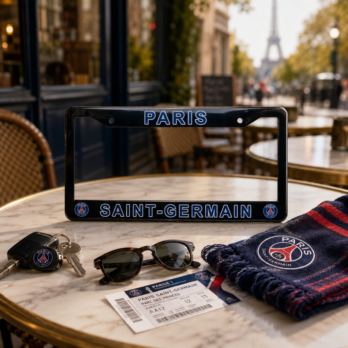 A Paris Saint-Germain license plate frame displayed on a cafe table, surrounded by matching Paris Saint-Germain accessories including a scarf, sunglasses, keys, and a ticket, with the Eiffel Tower blurred in the background.