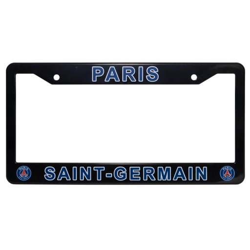 Black license plate frame with 'Paris Saint-Germain' text and logo on a white background