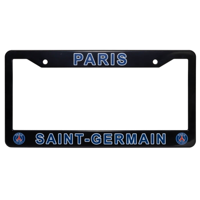 Black license plate frame with 'Paris Saint-Germain' text and logo on a white background