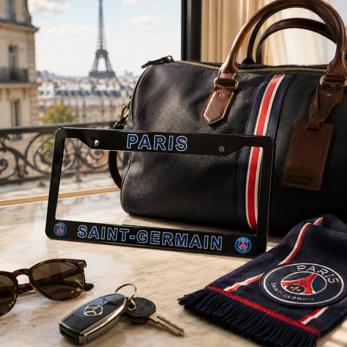 A Paris Saint-Germain themed license plate frame displayed on a marble table next to a matching PSG handbag, scarf, sunglasses, and keys, with a blurred view of the Eiffel Tower in the background.