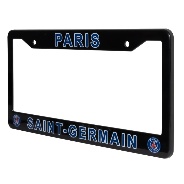 Black license plate frame with 'PARIS SAINT-GERMAIN' text and logos on a white background