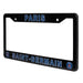 Black license plate frame with 'PARIS SAINT-GERMAIN' text and logos on a white background