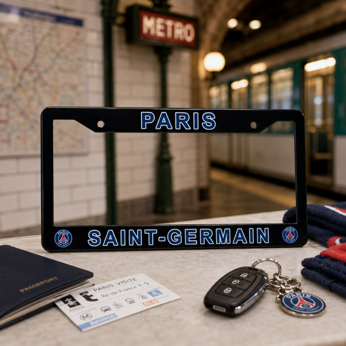 A black license plate frame with 'PARIS' and 'SAINT-GERMAIN' in blue lettering, displayed on a table with Paris-themed travel props including a passport, ticket, car key fob, and a Paris Saint-Germain keychain. The background shows a blurred Paris Metro station interior.