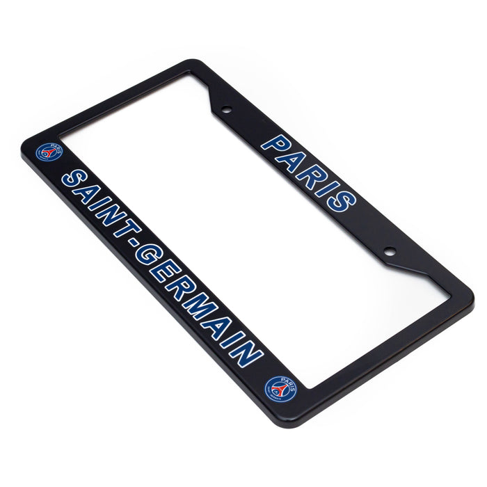 Black license plate frame with 'Paris Saint-Germain' text and logos on a white background