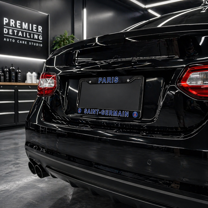 Black car with 'PARIS' license plate in a detailing studio