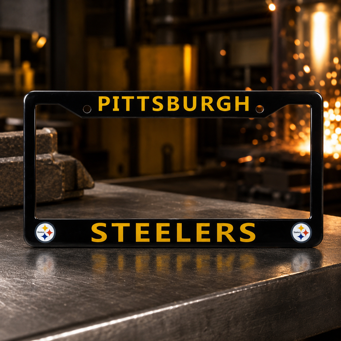 Pittsburgh Steelers License Plate Frame – Black Football Car Tag Cover