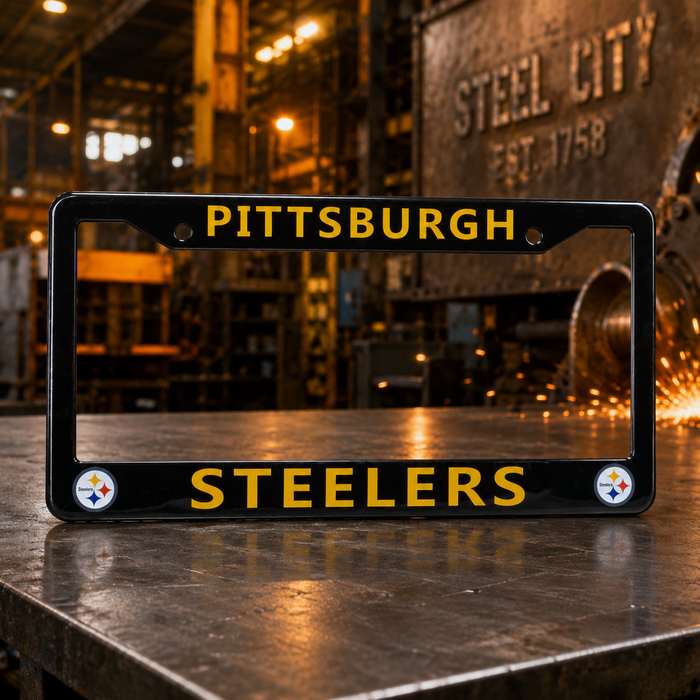 Pittsburgh Steelers License Plate Frame – Black Football Car Tag Cover