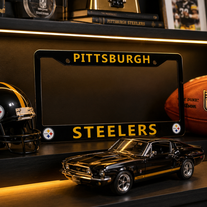 Pittsburgh Steelers License Plate Frame – Black Football Car Tag Cover