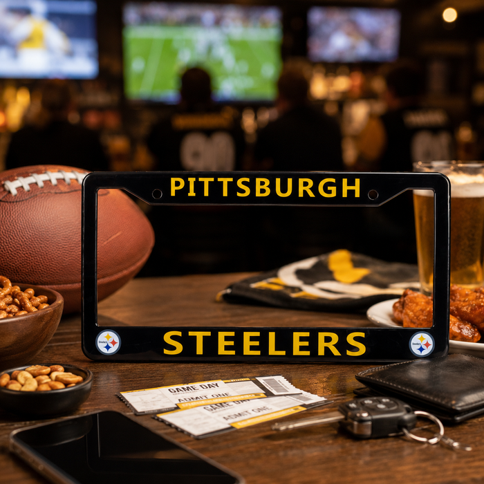 Pittsburgh Steelers License Plate Frame – Black Football Car Tag Cover