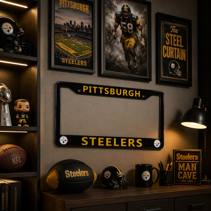 Pittsburgh Steelers License Plate Frame – Black Football Car Tag Cover