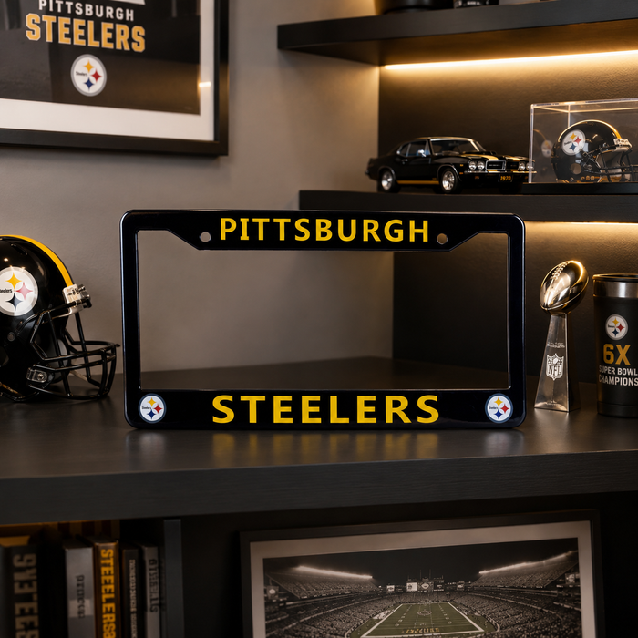 Pittsburgh Steelers License Plate Frame – Black Football Car Tag Cover