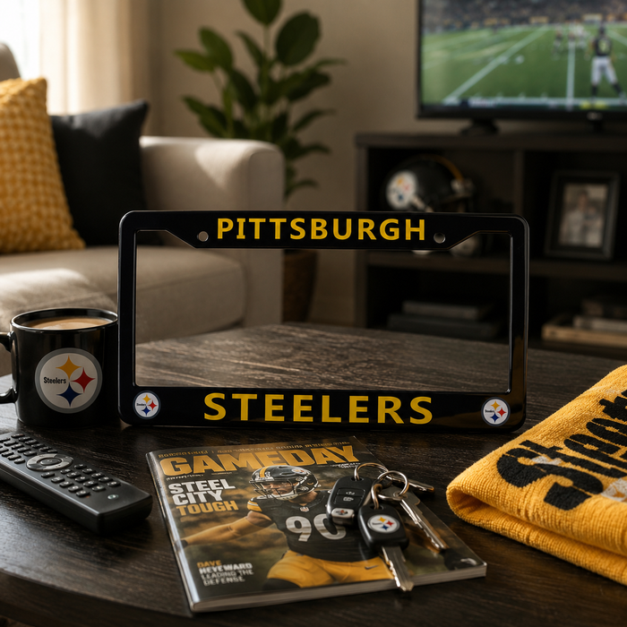 Pittsburgh Steelers License Plate Frame – Black Football Car Tag Cover