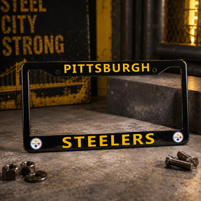 Pittsburgh Steelers License Plate Frame – Black Football Car Tag Cover