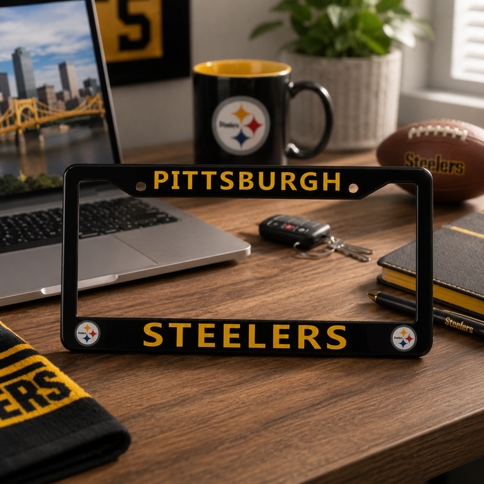 Pittsburgh Steelers License Plate Frame – Black Football Car Tag Cover