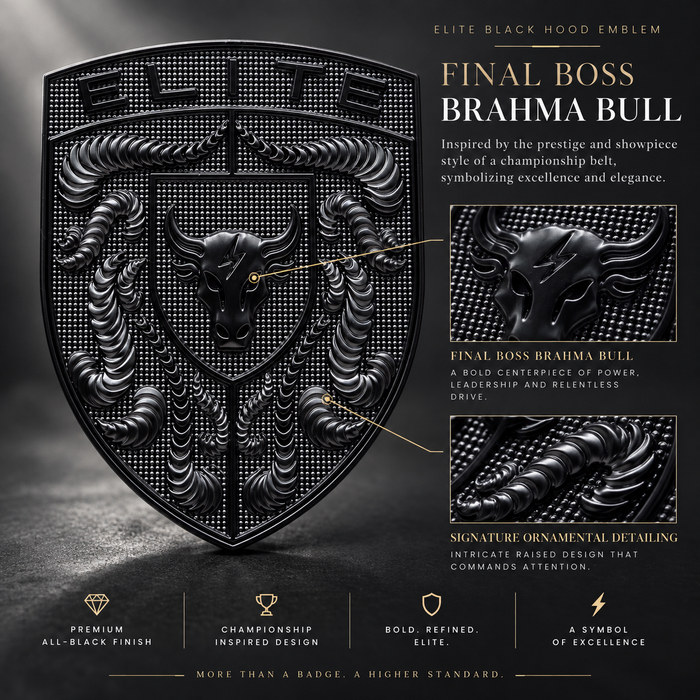 A promotional graphic for an elite black porsche hood emblem featuring a brahma bull design. The main product is a large black shield-shaped badge with a brahma bull head and layered horn details.