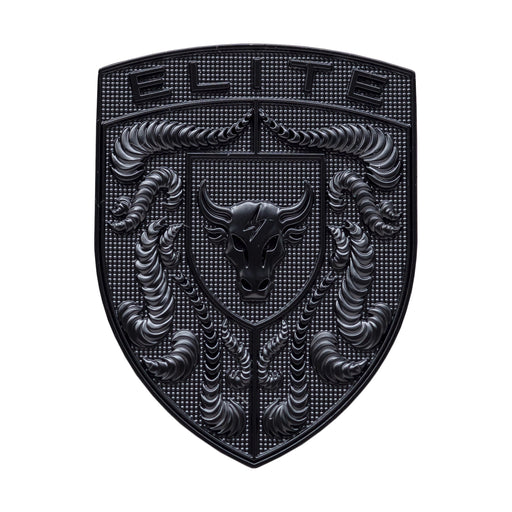A black porsche emblem featuring a central bull head crest, two stylized ram horns curving inward, and the word 'ELITE' at the top, shown on a plain white background.