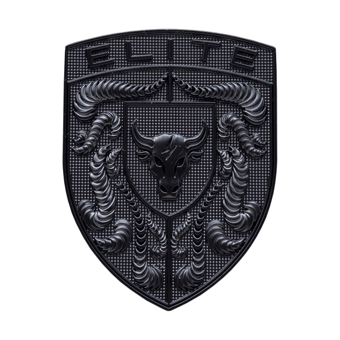 A black porsche emblem featuring a central bull head crest, two stylized ram horns curving inward, and the word 'ELITE' at the top, shown on a plain white background.