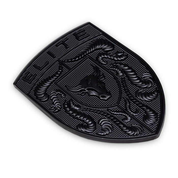 A black porsche emblem featuring a bull head in the center, surrounded by crumrine designs and the word 'ELITE' at the top, shown on a plain white background.