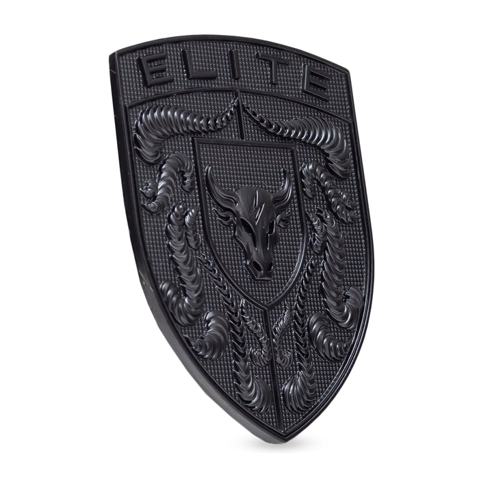 A black textured porsche emblem with the word 'ELITE' at the top and a brahma bull head in the center, shown on a plain white background.