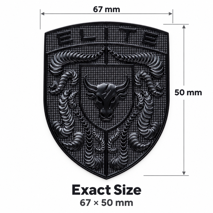 Black embossed porsche emblem with a bull head, labeled with dimensions 67 mm wide by 50 mm tall, on a white background with size text.
