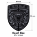 Black embossed porsche emblem with a bull head, labeled with dimensions 67 mm wide by 50 mm tall, on a white background with size text.