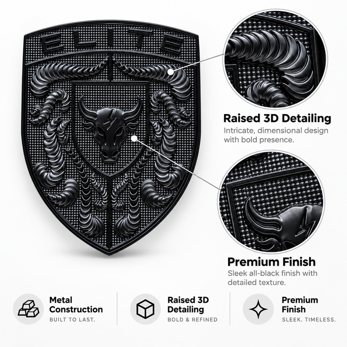 Black metal porsche badge with a bull head and the word 'ELITE' at the top, shown on a light gray background with two circular detail callouts and feature text describing raised 3D detailing and premium finish.