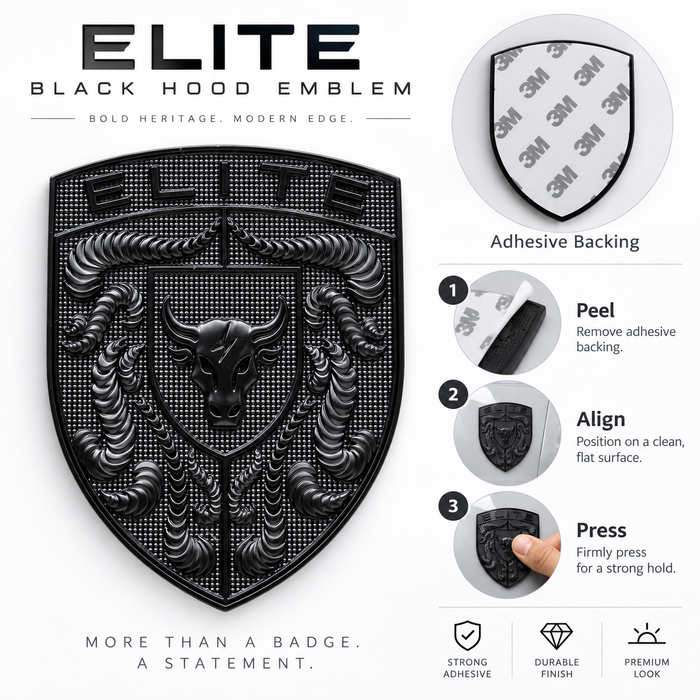 Black embroidered Elite Black Hood Emblem patch shown on a white background with product details, adhesive backing inset, step-by-step application instructions, and feature icons.