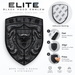 Black embroidered Elite Black Hood Emblem patch shown on a white background with product details, adhesive backing inset, step-by-step application instructions, and feature icons.